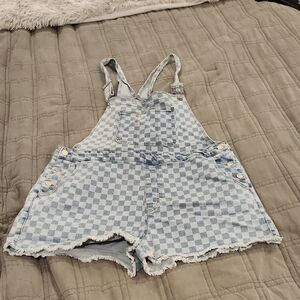 No Boundaries Blue Checkered Women Jean Overall Shorts Size XXL!
